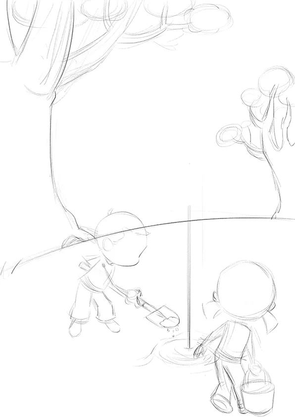 步骤1：首先我们在素描纸上用铅笔勾勒画面构图，安排主要元素的大小和位置，该步骤不画细节，重视整体。