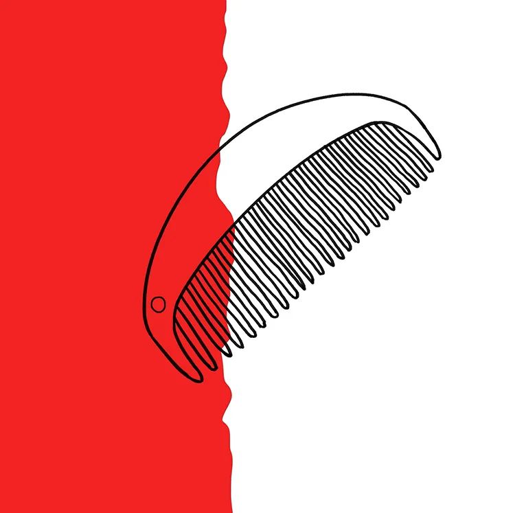 步骤2：接着我们开始绘制梳子的线稿，构图上确保梳子横跨红白两色，制造不一样的视觉效果。