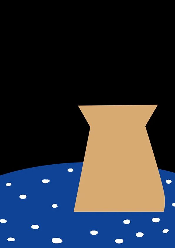 步骤2：第二步我们把牛皮纸剪成自己喜欢的花瓶或花篮形状，将其粘贴到画面内。同时，我们用白色颜料在深蓝色卡纸上点缀白点图案，丰富视觉效果。