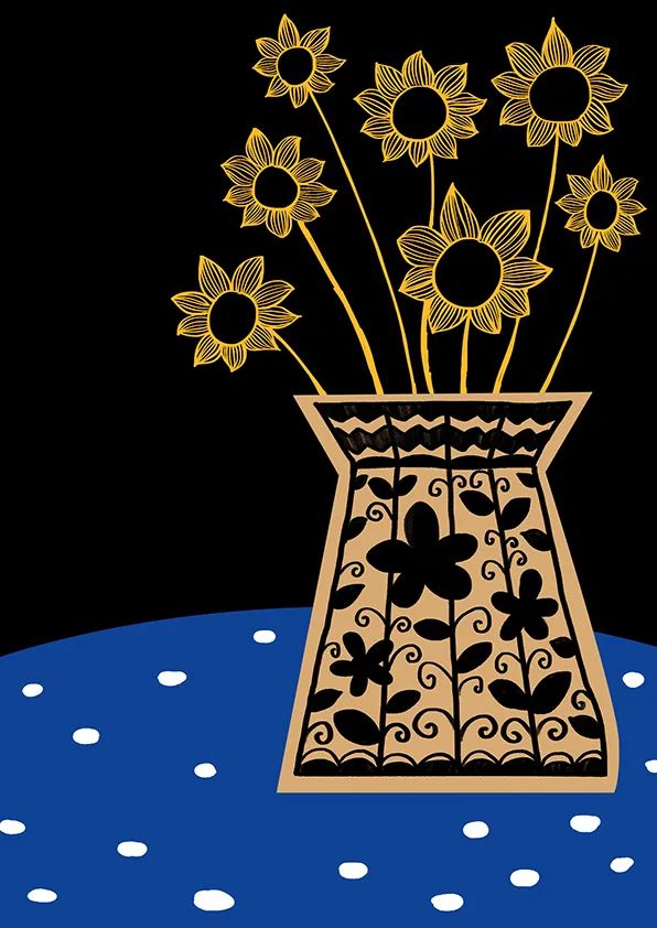 步骤3：接下来，我们用刮画笔刮出花朵的主体部分，同时用黑色勾线笔给花瓶绘制装饰图案。这个步骤比较考验学生们的耐心，但这也是画面最出效果的部分。