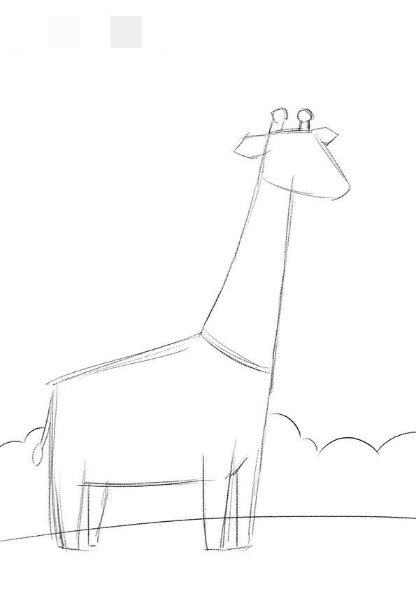 步骤1：首先我们采用竖构图，在画纸上用铅笔勾勒出地面和长颈鹿的基本形。