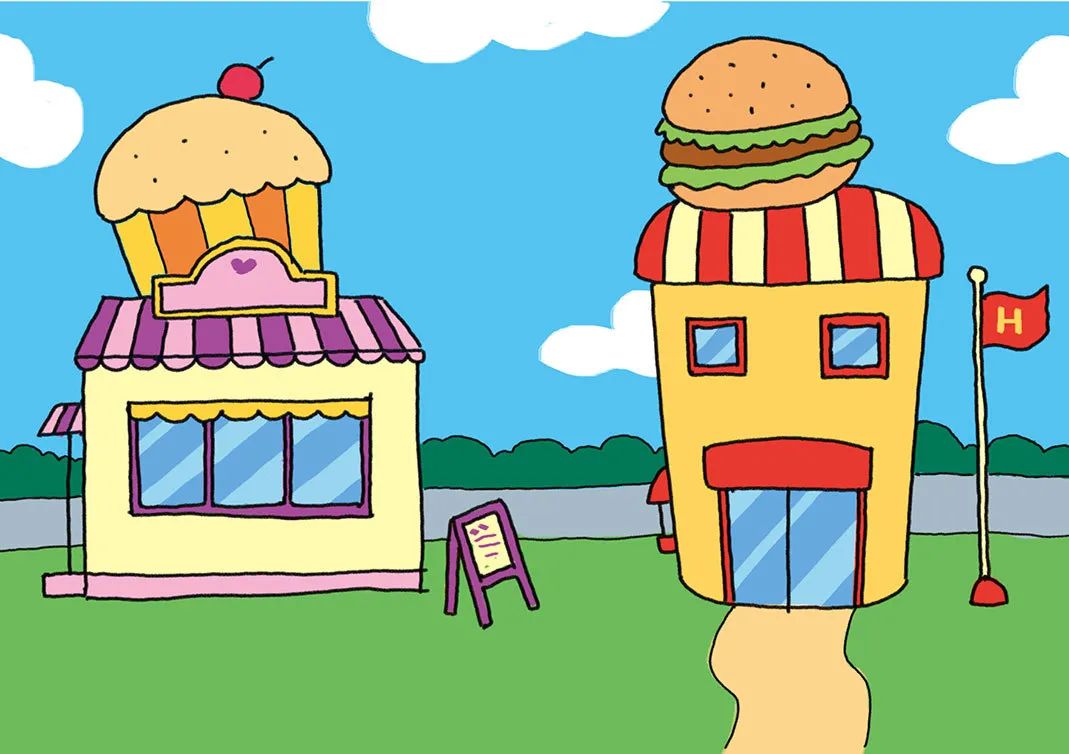 可爱汉堡蛋糕小店简笔画画法步骤