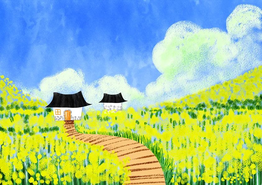 步骤4：继续用黄绿色画出远处的山坡，然后再画出云朵。