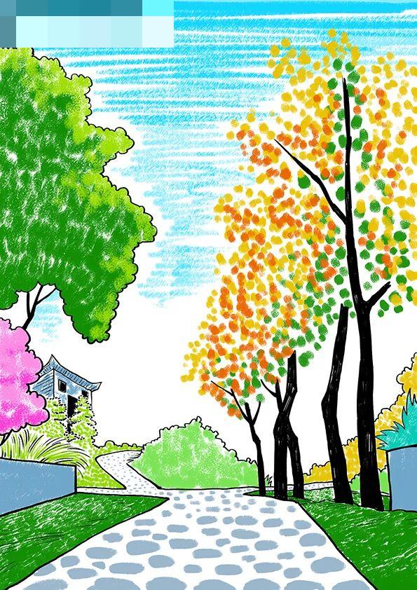 步骤4：继续上色，注意色彩的搭配和近大远小的透视规律。