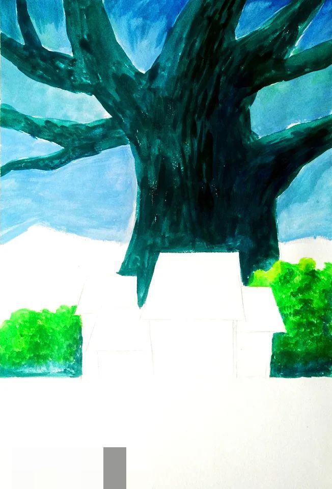 步骤3：接下来，我们墨绿和群青画出树干，用墨绿、中绿、浅绿等画出房屋两侧的灌木丛。