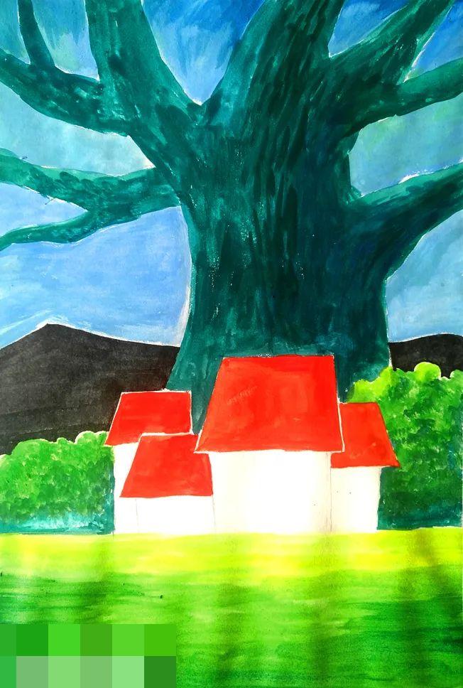 步骤4：接着，我们依次画出黑色的远山、红色的屋顶和前面的草地。