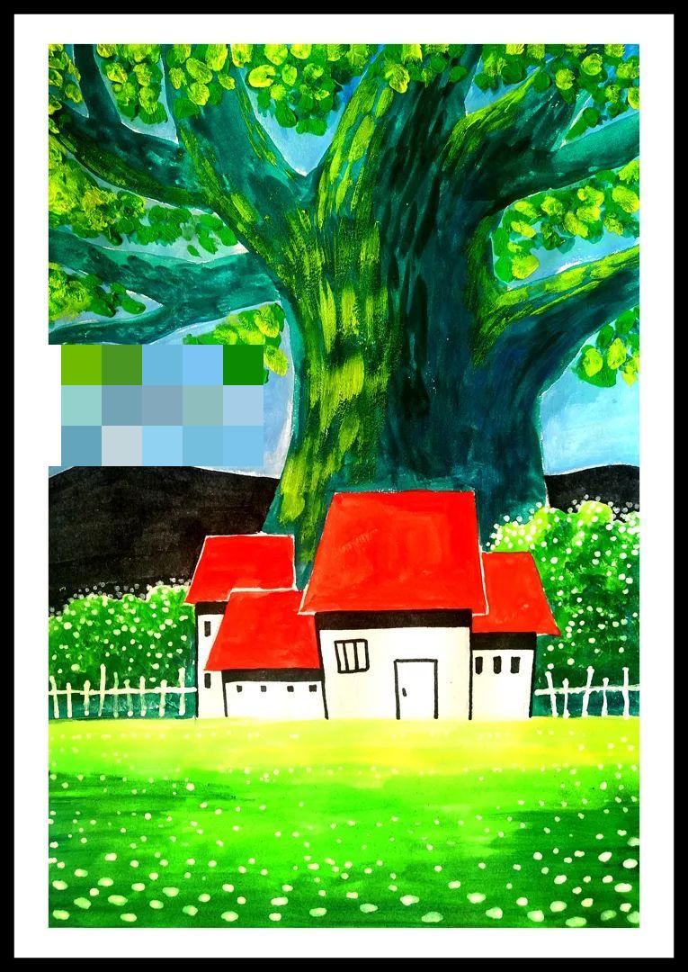 风景儿童画—大树下的小屋