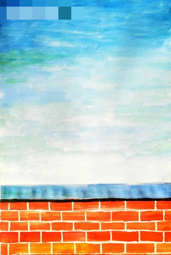 步骤2：然后，我们用橘红和橘黄绘制出红色砖墙效果，待干燥后用修正液画出砖墙缝隙。