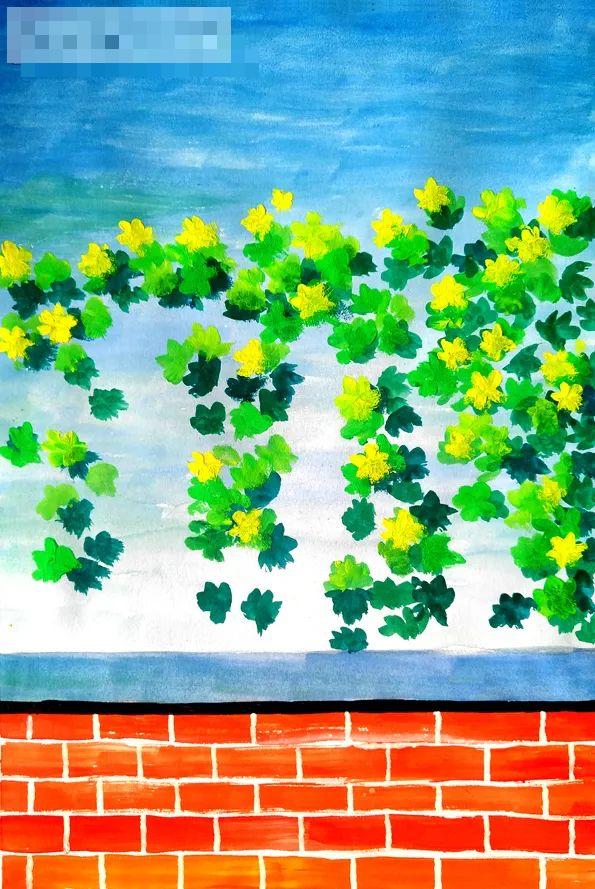 步骤3：接下来，我们用深浅不同的绿色画出丝瓜叶子，用柠檬黄画出丝瓜花。