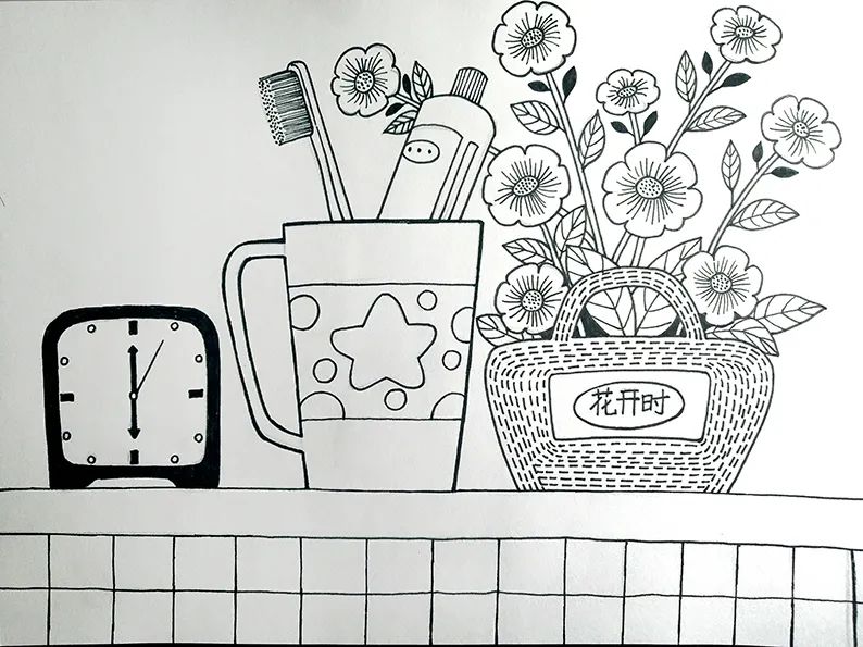 步骤3：用黑色勾线笔勾线，并完善线稿细节。