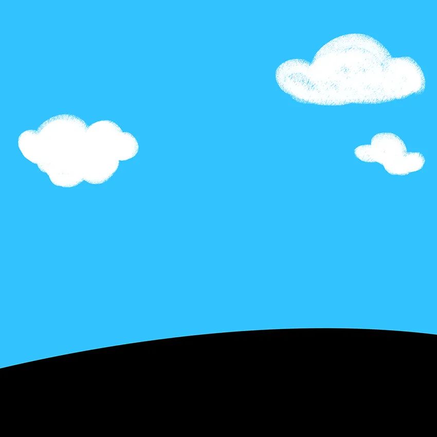 步骤1：首先我们在正方形蓝色卡纸上粘贴一块黑卡纸，表示土地；并用白色油画棒画几朵白云。