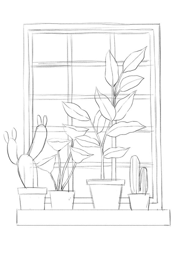 步骤2：同样是使用铅笔画出窗台的形态各异的盆栽草图。