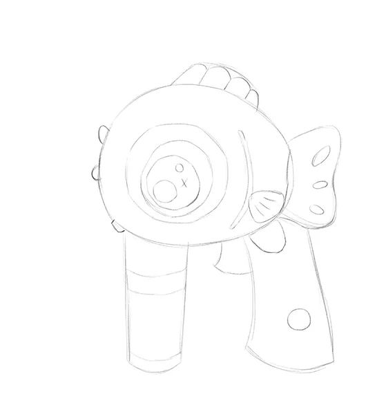 步骤1：首先我们在素描纸上用铅笔画出泡泡枪的草图。