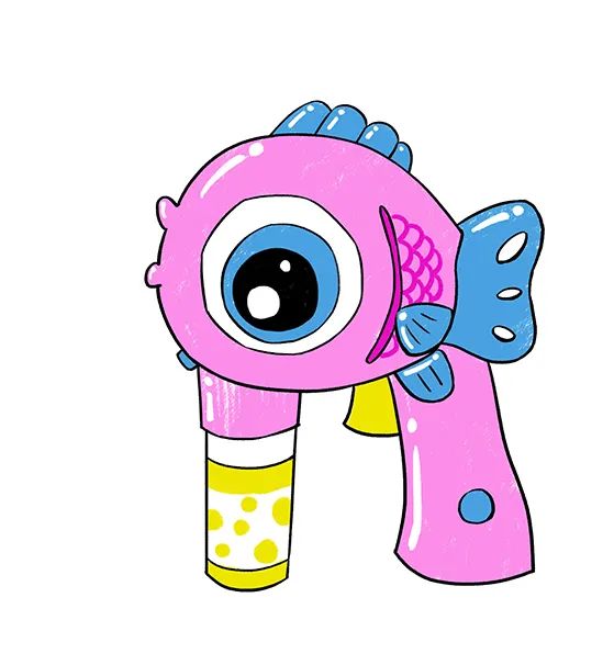 步骤3：接下来我们给泡泡枪线稿进行上色，可以按照自己的喜好来进行颜色的选择和搭配。上色后，可用高光笔点缀高光，体现一定的质感和体积