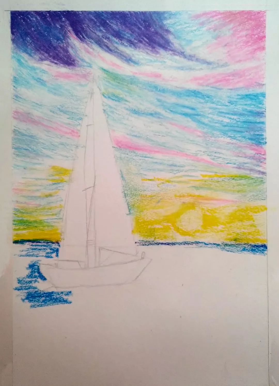 步骤3：我们从天空画起，为不同的色块分配各自的“领地”，在两种色彩的交汇处，用笔要轻，为下一步融合色彩，留有余地。