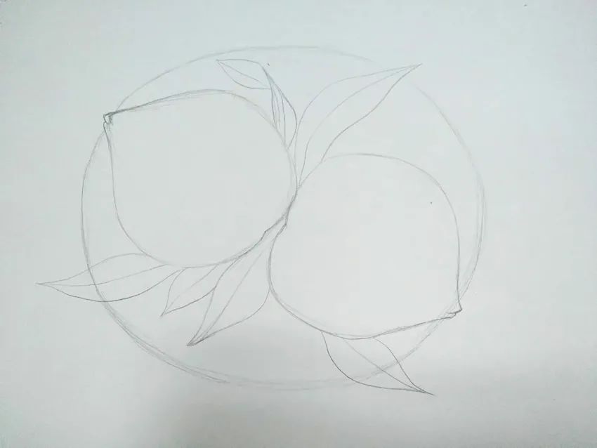 步骤2：然后我们用黑色勾线笔给吉他草图勾线，并用油画棒给桃子上色。