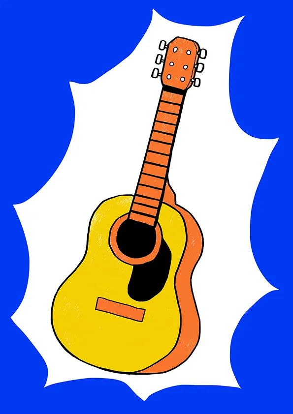 步骤4：给吉他上色后，我们将吉他按照上图把画面剪成爆炸形，并粘贴到深蓝色卡纸上。