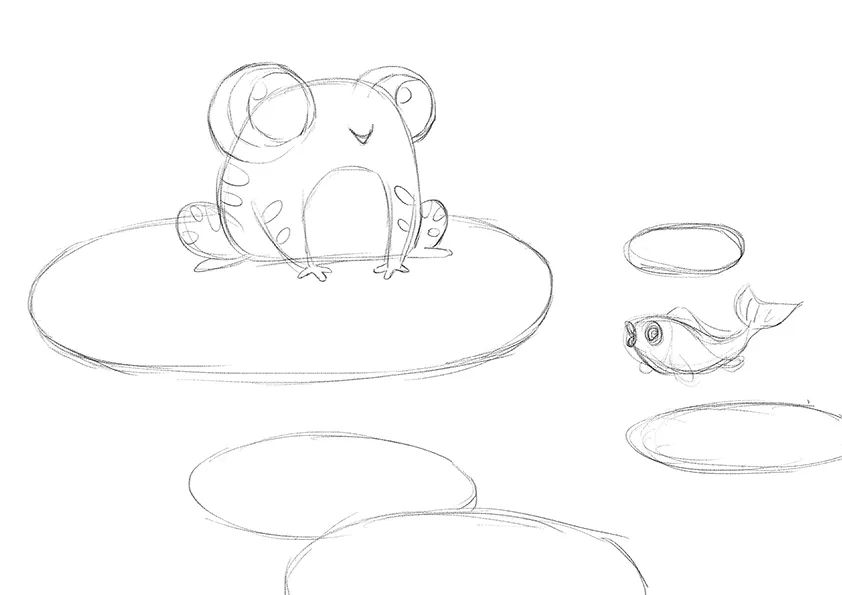 步骤1：首先我们用铅笔在素描纸上画出青蛙、荷叶、小鱼等草图。