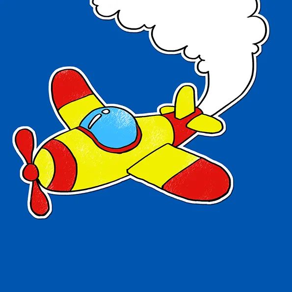 步骤3：给飞机上色后，连同后面的烟雾一起剪下  粘贴到蓝色卡纸上。