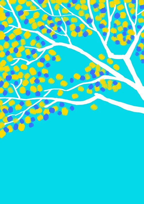 步骤2：接着我们用重彩油画棒点出黄色和深蓝色的叶子。