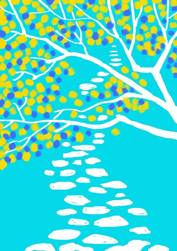 步骤3：用白色修正液画出林间小路，注意近大远小和蜿蜒曲折。