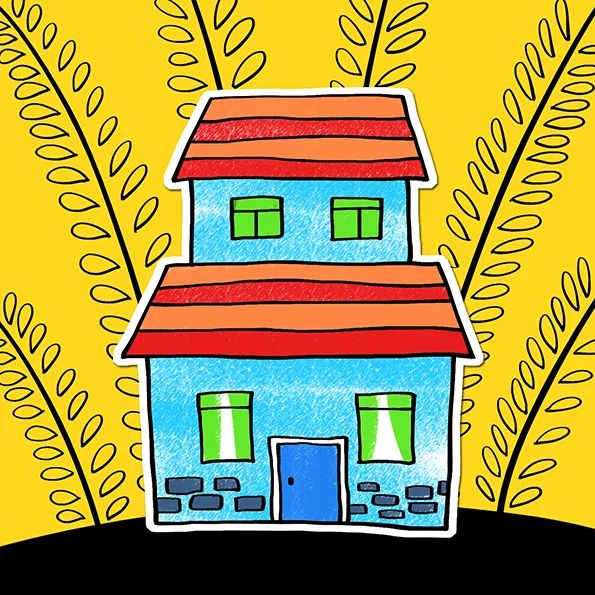 步骤3：第三步我们把在素描纸上画好的房屋剪下，粘贴到画面中。