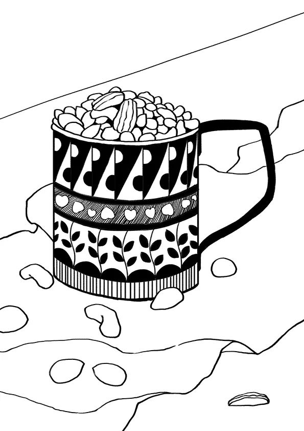 步骤4：在上色前先给杯子画出黑白图案。