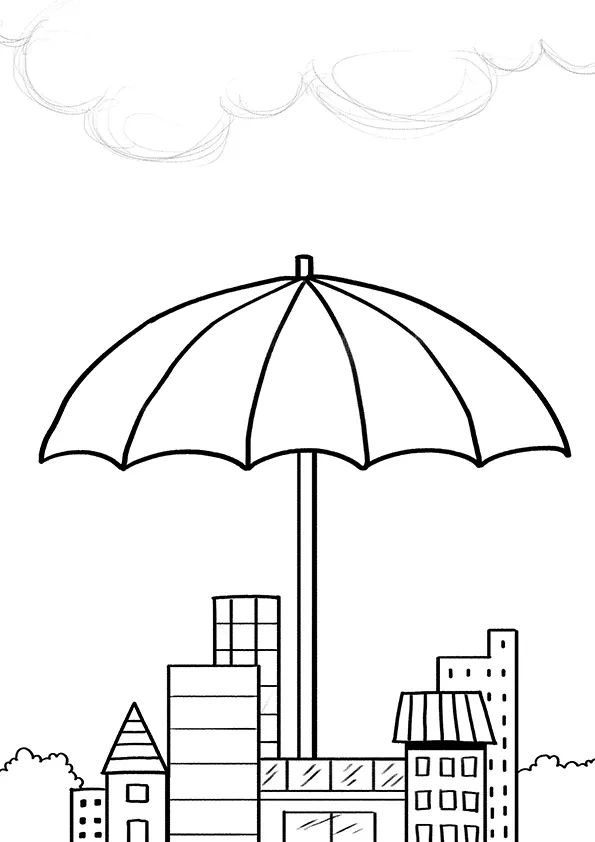 步骤2：然后，我们完善草图的细节并用勾线笔对画面进行勾线（上方的云朵不勾线）。