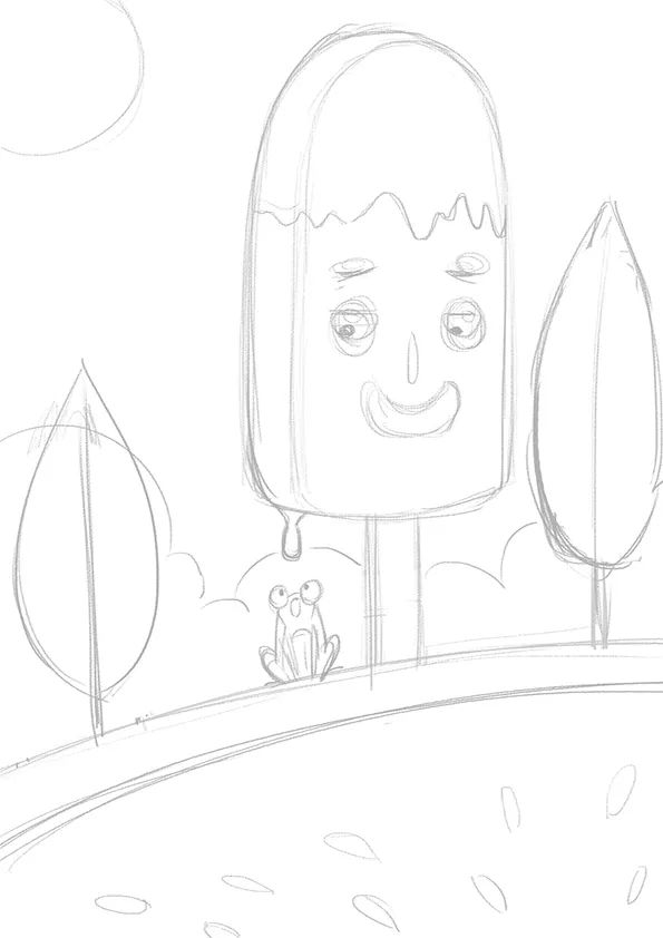 步骤1：首先我们采用竖向构图，用铅笔勾勒草图，这个步骤用笔要轻，构思的过程可以随时调整和修改画面。