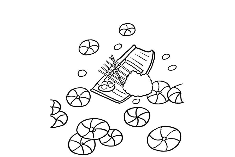 步骤3：在小船四周画出大小不一的荷叶。