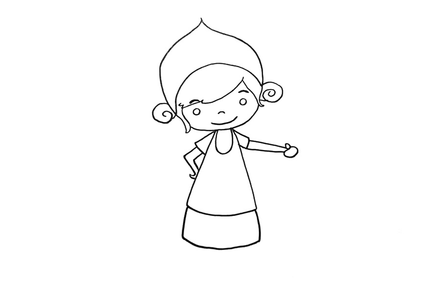 步骤2：然后画身体线条，一只手撑着腰，一只手伸着，身上穿着一件围裙。