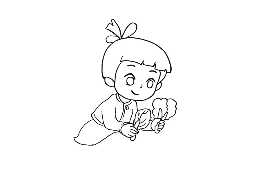 步骤3：再画出身体轮廓，上身穿着长袖T恤，下身穿着小短裙。