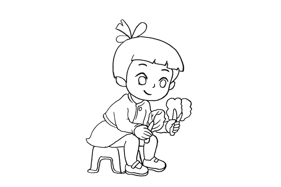 步骤4：下面坐着一个矮矮的凳子，身体略微的前倾。