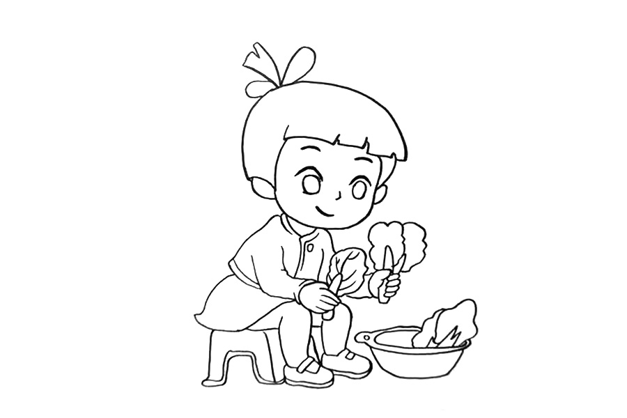 步骤5：然后在身体的旁边画一个菜篮子，里面装着一些白菜。