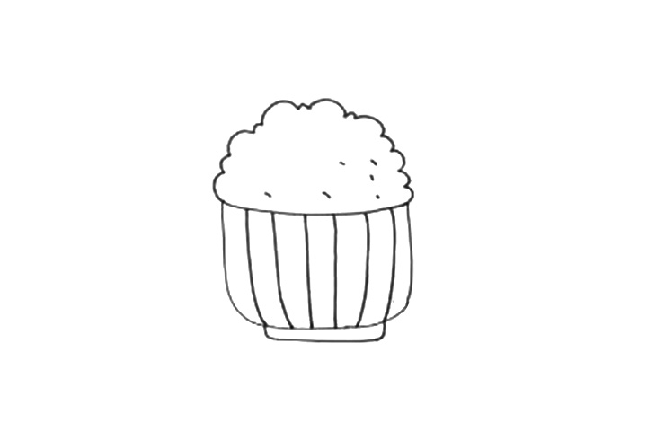 步骤3：在碗上方空白的位置加上几笔黑点，更像是米粒，在碗的正面画上六条直线连接碗底