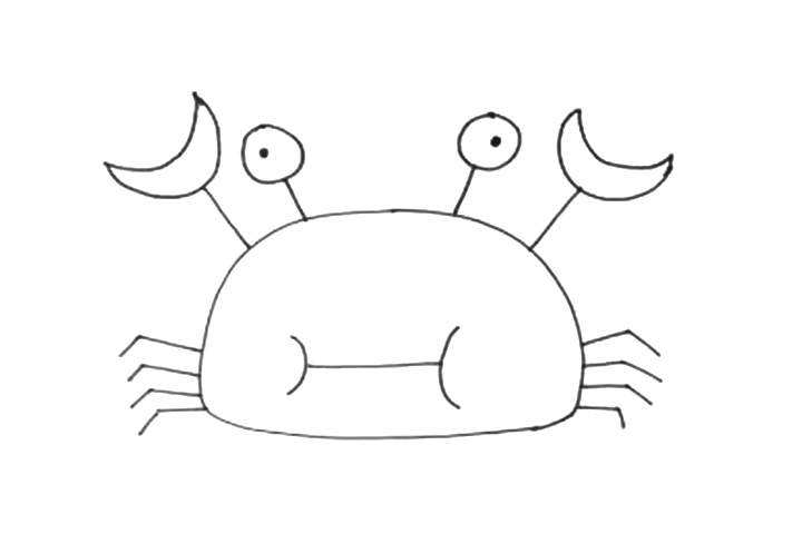 步骤4：给螃蟹加上蟹钳，蟹钳的形状就像月亮一样，在螃蟹身体的两侧各加上4只蟹腿