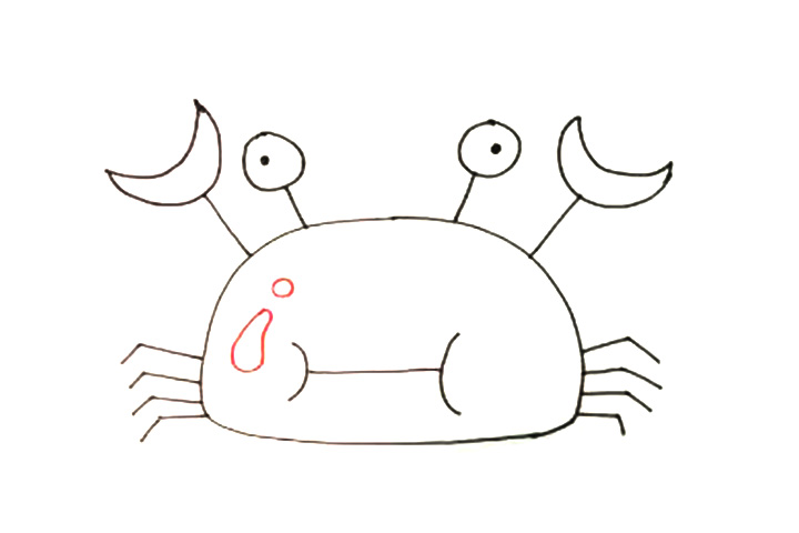 步骤5：在上色之前，在螃蟹的身体上画出一个小圆圈和一个水滴形状的图案，显示出螃蟹光滑的壳