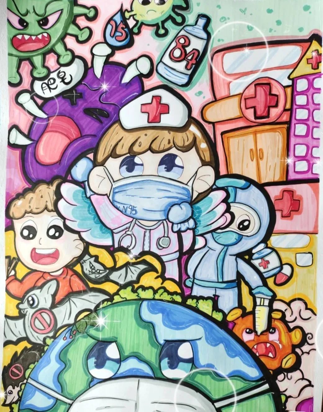万众一心抗击疫情 抗疫主题儿童画作品-图2