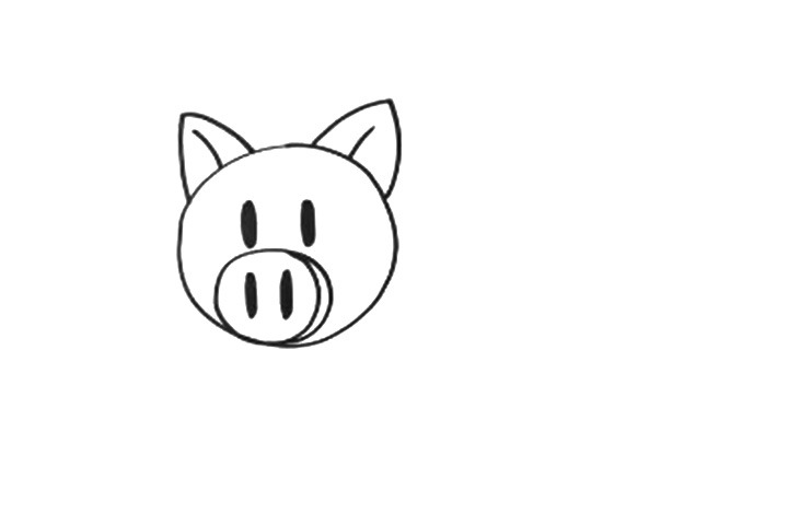 步骤2：再画出小猪的眼睛、鼻子。记得在鼻子上添上两个大大的鼻孔。