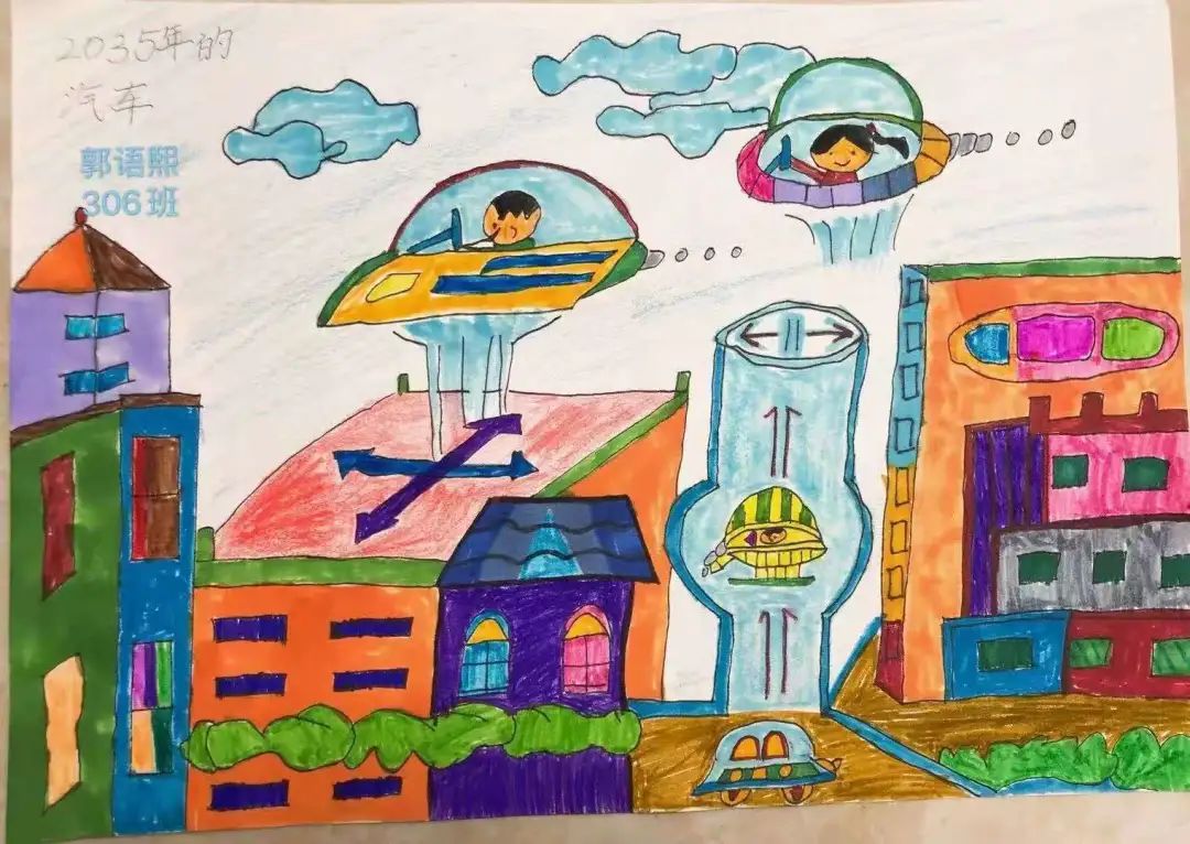 步骤1：三(6)班郭语熙同学的描绘中2035年已经发明出了在天空中行驶的汽车啦。这样一来，我们的出行更加快捷啦，而且还不堵车呢，可真棒!