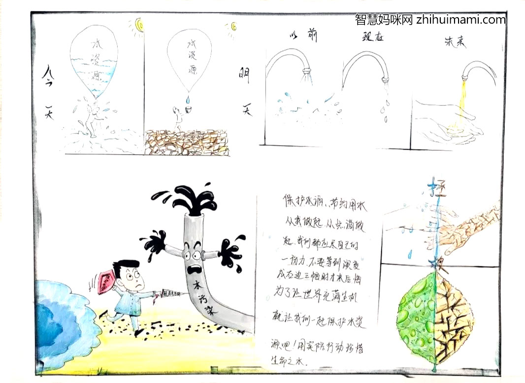 步骤7：保护水源，节约用水从我做起，从点滴做起。我们都应该尽自己的一份力，不要把现实演变成右边三幅画内的场景才来后悔。为了这世界充满生机就让我向一起保护水资源吧!用实际行动珍惜生命之水。
