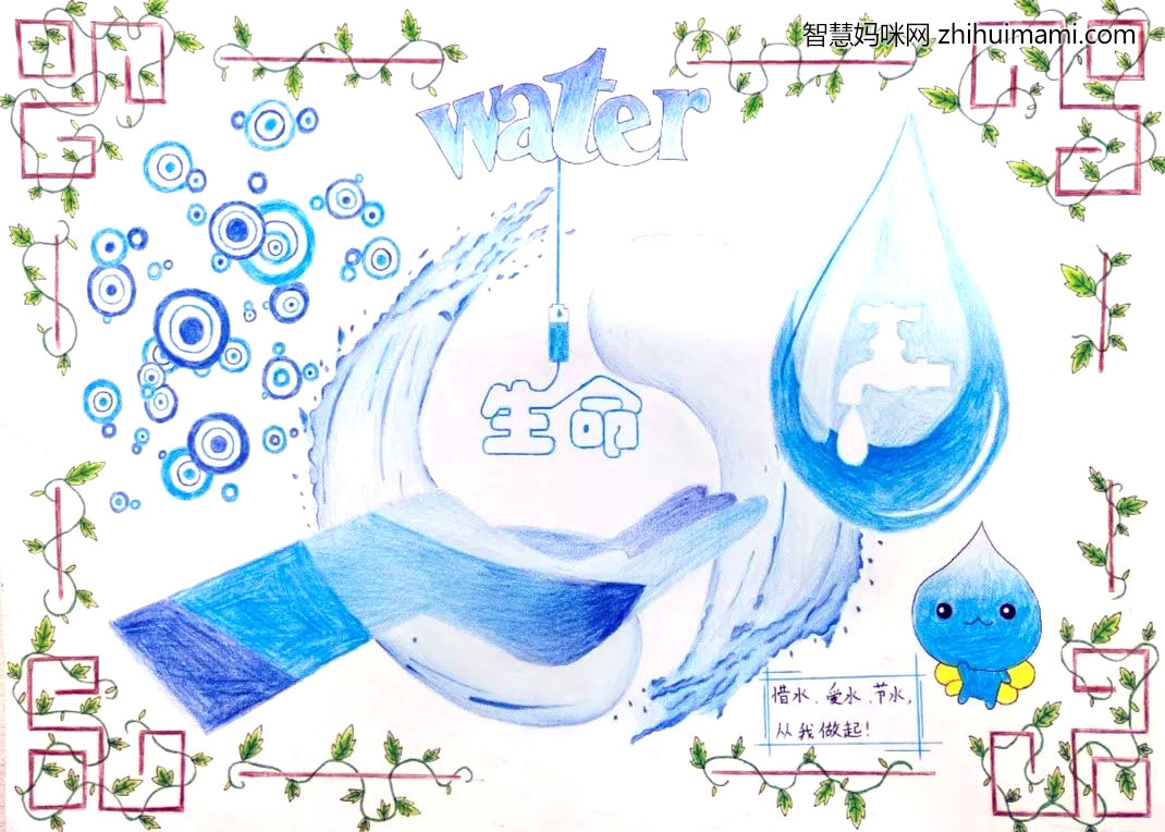 步骤1：水是万物之源，更是生命，而节约用水是我们每个人从小就应该做的，本幅宣传画以绿色的树叶做为边框，象征了大自然，而淡蓝色更是水的基本特征，看上去舒适美观。这幅宣传画的寓意在于告诫我们从小就要爱水、惜水、节水。