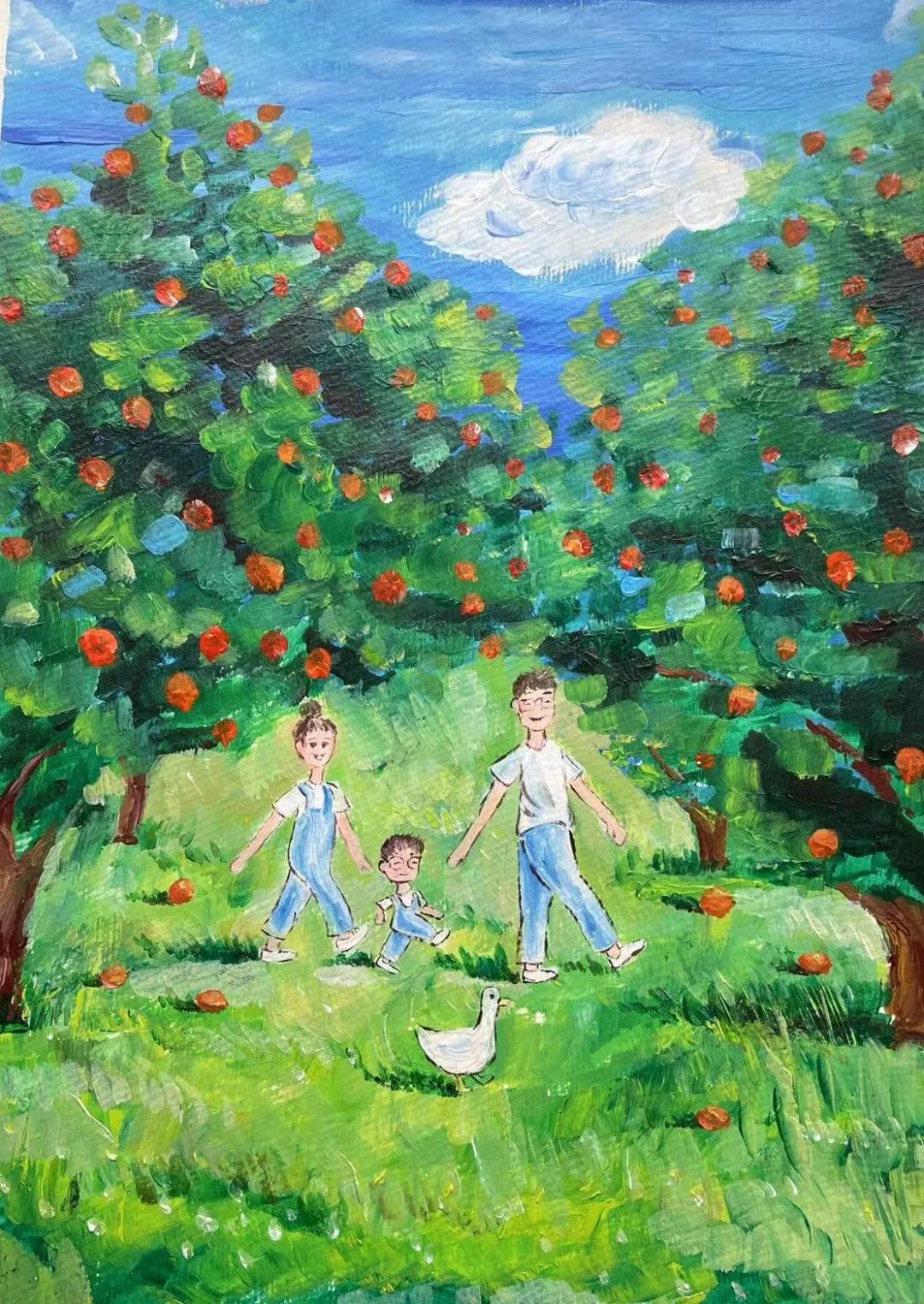 步骤2：创作感想：这幅画的场景设定在那年柿子熟了，一家人在一个秋高气爽的周末去采摘柿子的亲子时光……我们穿着亲子装，在爸爸妈妈陪伴下，一起行动采摘我出生时种下的柿子树上的果实。橙色的柿子在一片绿色中，就像一个个小柿灯，照了前行的路！