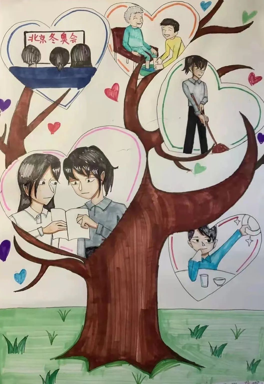 步骤3：创作感想：我和妈妈一起完成了《家》这幅画。家，像一棵枝繁叶茂的参天大树，为我们遮风挡雨，为我们洒落阴凉。同时，“家”这棵大树也需要每一位成员用爱和包容不停地浇灌滋养，才能茁壮生长，向上，向善……我们选取的五个场景，是生活中看似最平常的，却蕴含着中华民族的传统美德——孝敬、乐学、勤劳、节俭、和谐。我们将这些场景巧妙地融入画中，变成这棵大树上翠绿翠绿的叶子，看似平常却不平凡……