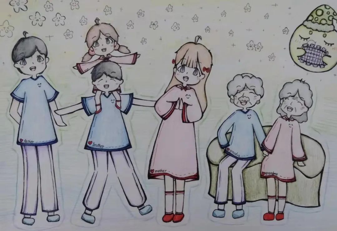 步骤5：创作感想：每每想到家庭生活，我都会用“乐”字来形容。我脑海中会浮现出这样一幅温馨的画：月光下，我和家人们在地上谈笑风生。我便把这一幕画下来，妈妈在一旁指导，给我提了许多建议，我很享受家人们相处之间的温馨和快乐。