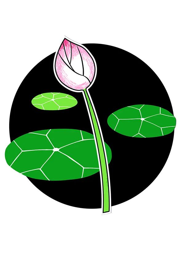 步骤3：用高光笔给荷叶画上叶脉。  在素描纸上画出一朵小荷花，勾线涂色后剪下，  粘贴到黑卡纸上。可以适当超出圆形黑卡纸。