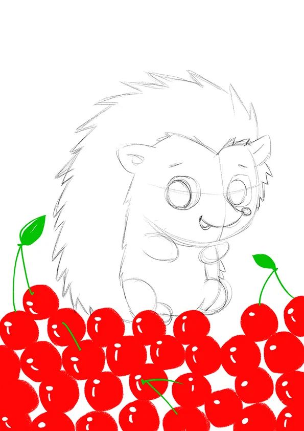 步骤2：接着我们在樱桃上方用铅笔勾勒刺猬草图。