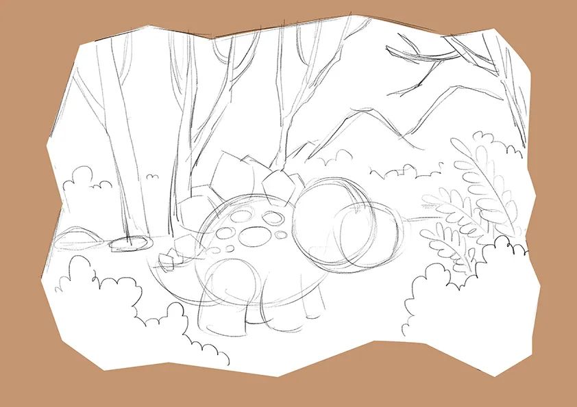 步骤2：然后我们再素描纸上用铅笔构思画面草图。