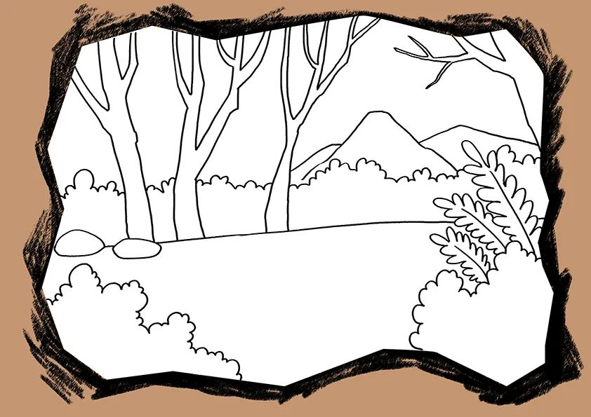 步骤3：接着，对草图进行描线，先省略恐龙。同时，在素描纸周围的牛皮纸上画出黑色洞穴初步效果。