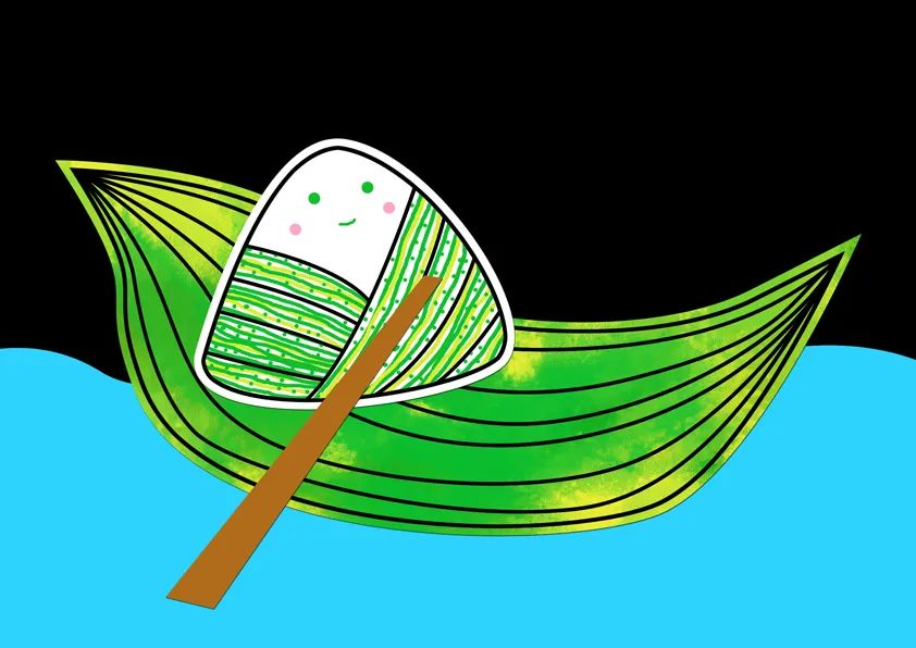 步骤3：用素描纸画出卡通粽子，勾线、上色后剪下，粘贴到粽叶小船上。并用棕色卡纸做木桨。